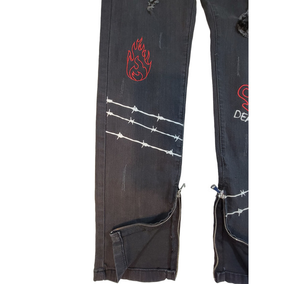 THRT Size 36 Black Distressed Jeans Graffiti Barbwire Spider Web Money Rope Belt - Picture 8 of 9